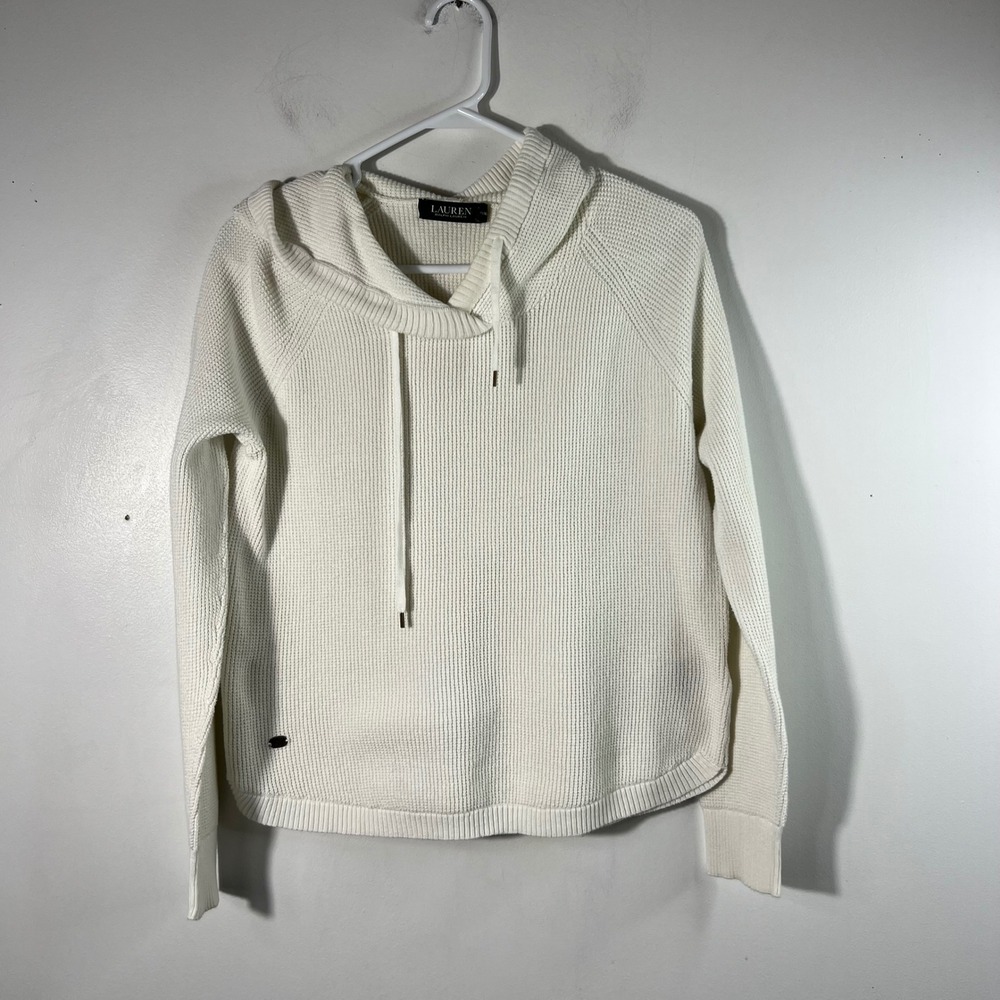 Lauren Ralph Lauren Ribbed Hooded Drawstring Sweater Womens M Cream Cotton